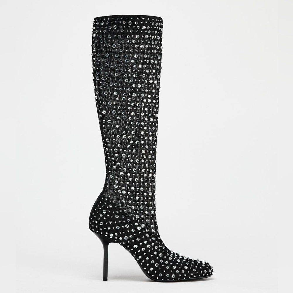 Zara Sheer Slip On Black Holiday Sparkle Rhinestone Studded Women's Boots